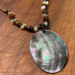 NY Boho Abalone Mother of Pearl Coconut Wood Jasper Agate Beaded 16" Necklace